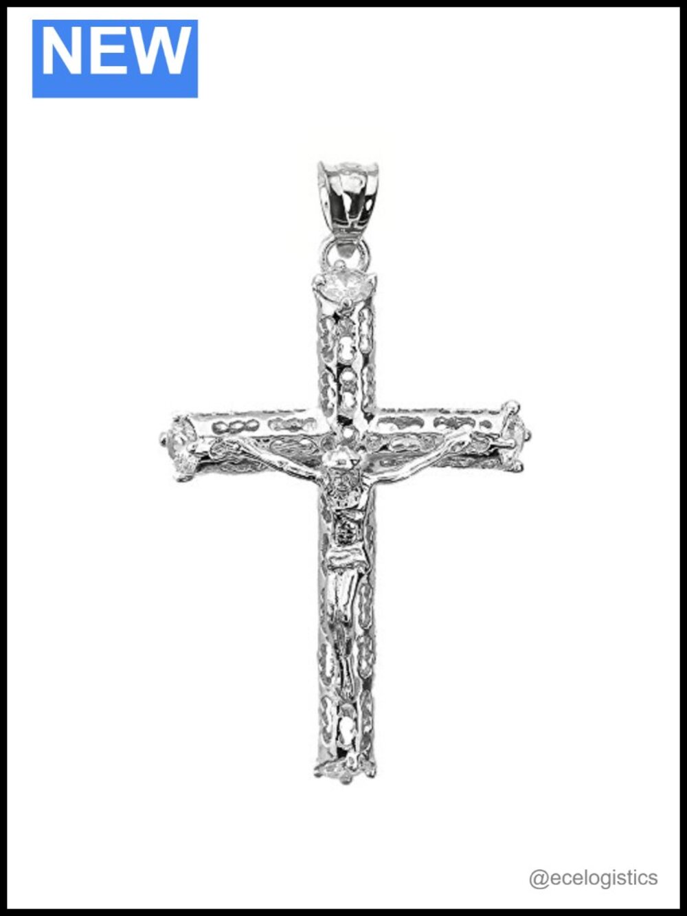 Sterling Silver Crucifix Cross Pendant with Cubic Zirconia